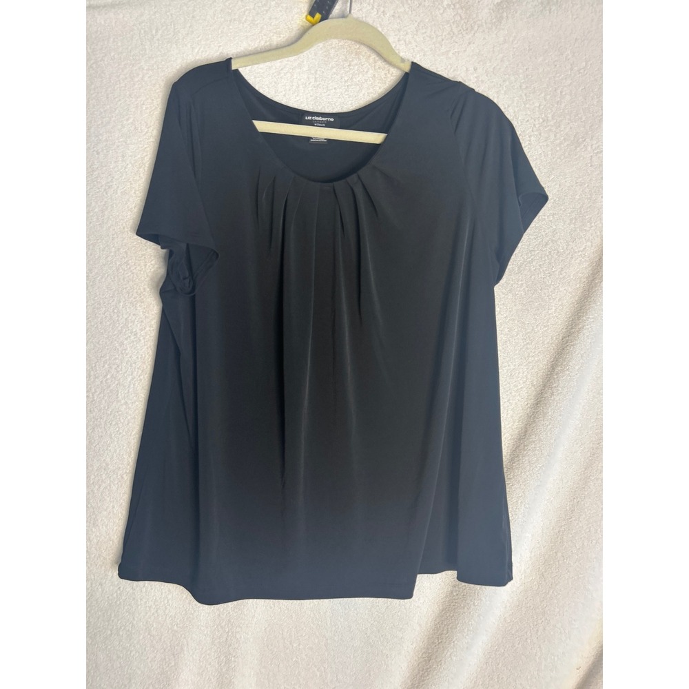 Liz Claiborne Career Woman Black Pleated Scoop Neck Short Sleeve Blouse 0X